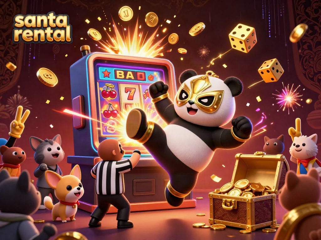 Exciting scene of a panda wrestling character engaging in an action-packed casino setting while promoting santa rental services.