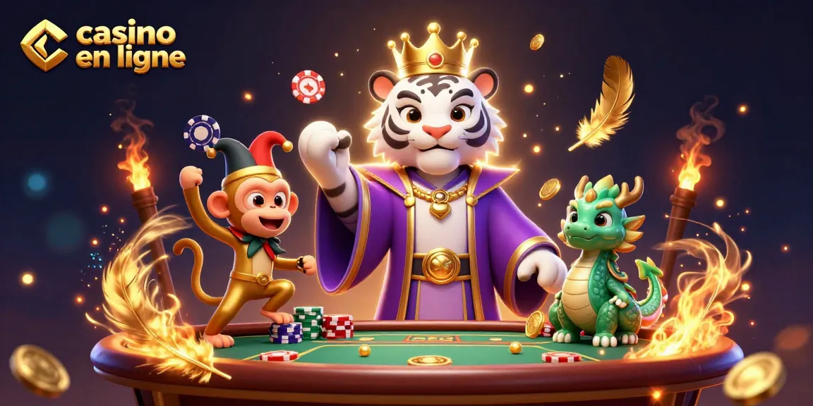 Faites vos jeux avec casino en ligne : un tigre élégant et un singe jongleur sur un fond enchanteur.