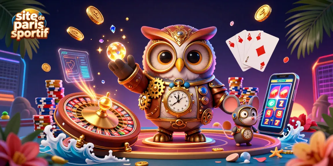 Animer une scène de jeu captivante sur un site de paris sportif avec un hibou en steampunk et des éléments de casino.