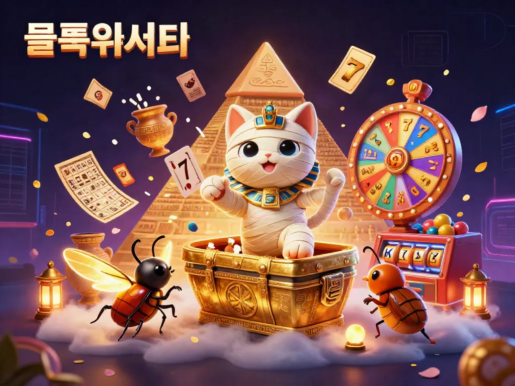 Experience the excitement of 슬롯사이트 with a vibrant depiction of a mummy cat bursting from a golden sarcophagus in a pyramid casino.