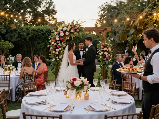Stunning wedding scene featuring elegant event rentals including floral arch, tables, and ambient lighting.