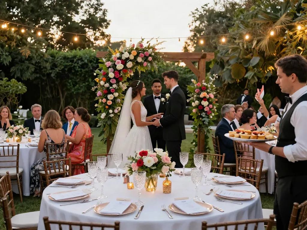 Stunning wedding scene featuring elegant event rentals including floral arch, tables, and ambient lighting.