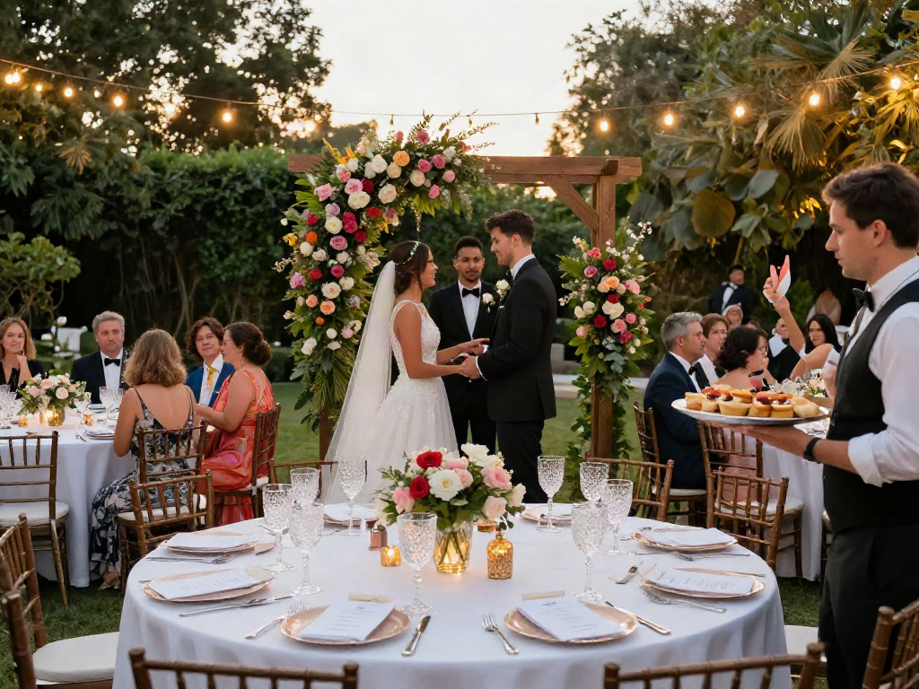 Stunning wedding scene featuring elegant event rentals including floral arch, tables, and ambient lighting.