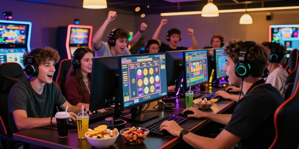 Excited friends enjoying a slot gacor game together in a lively gaming environment.
