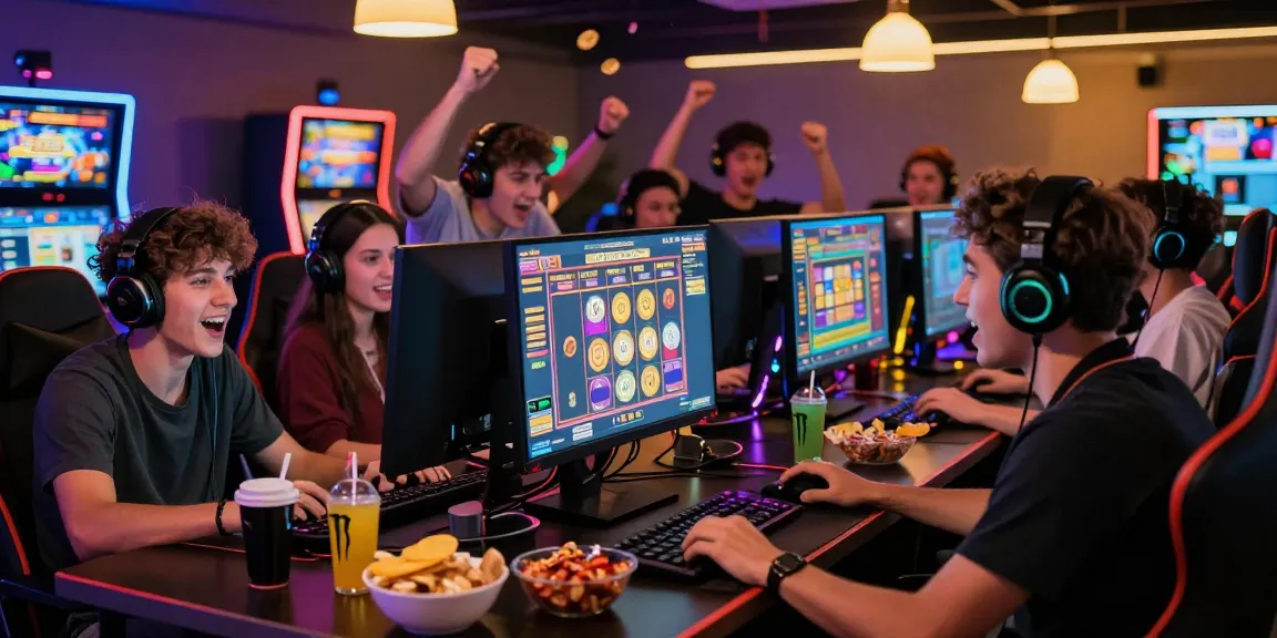 Excited friends enjoying a slot gacor game together in a lively gaming environment.