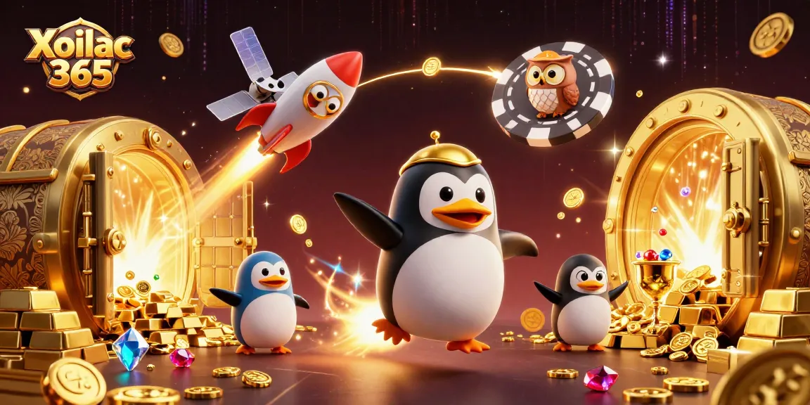 Xoilac 365 fuels excitement by showcasing a golden penguin racing towards a casino spaceship, chasing profitable adventures.