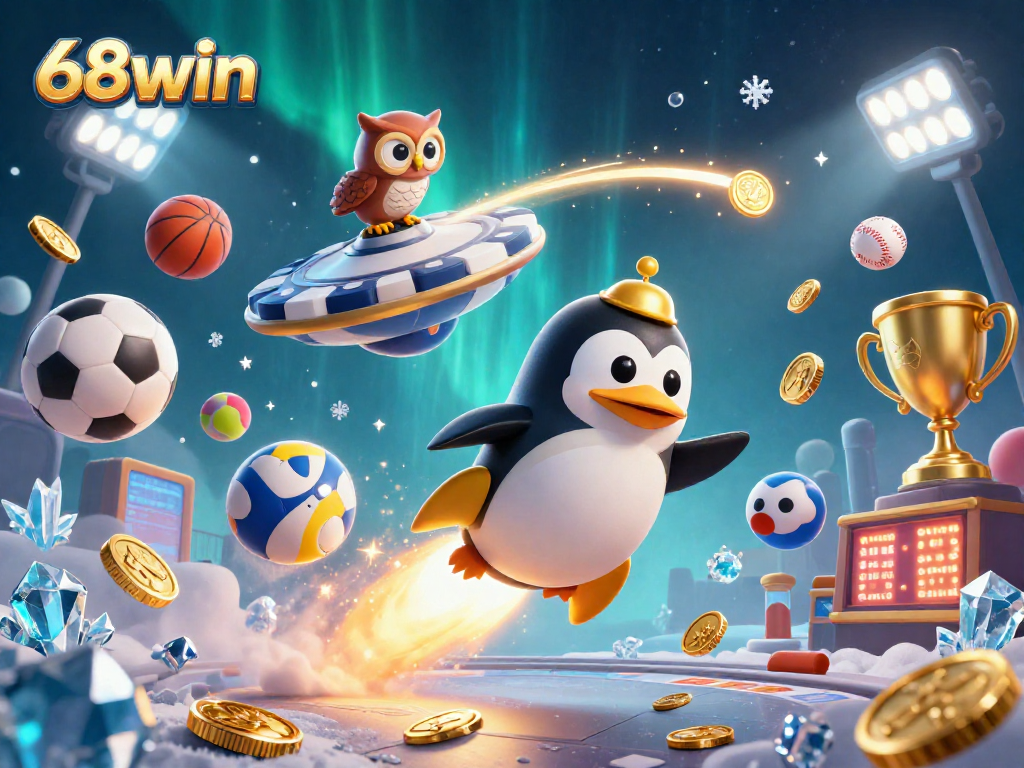 Experience the thrilling adventure of gaming at 68win with a golden penguin heading to a casino!