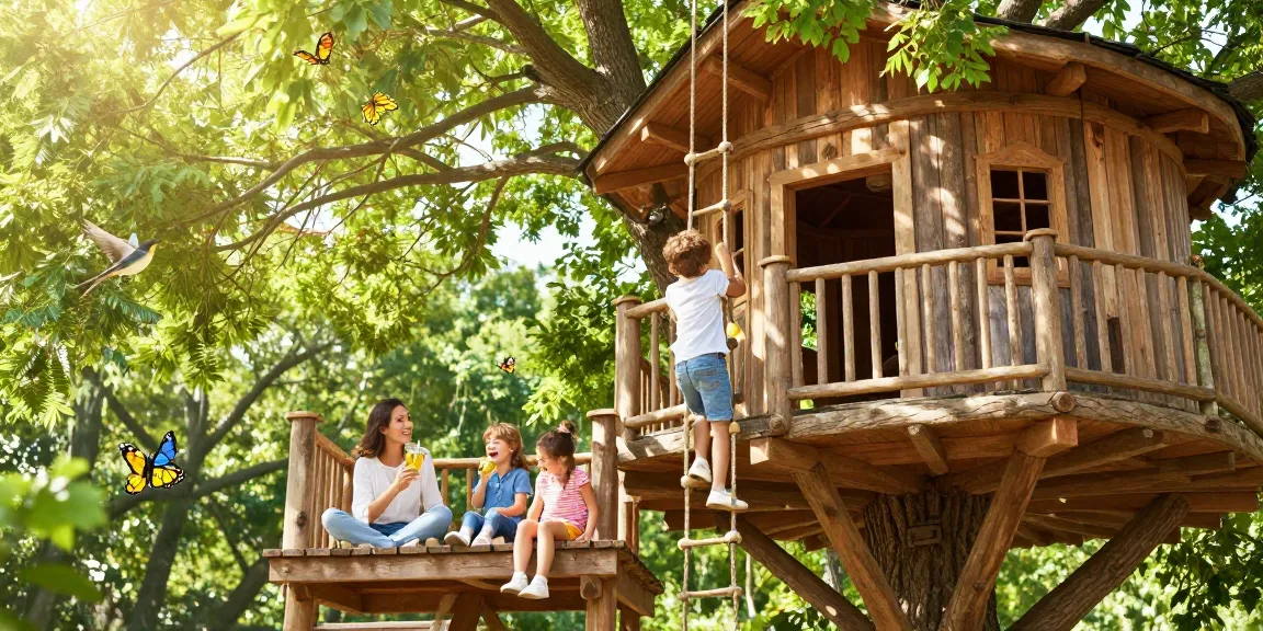 Family enjoying a sunny day at a treehouse among lush greenery.