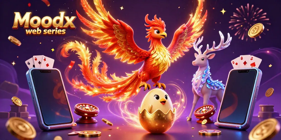 Gambarkan Moodx web series dengan phoenix flamboyan dan elemen kasino secara dinamis.