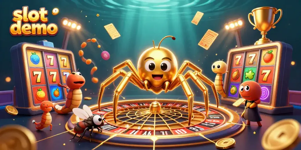 Slot demo dengan laba-laba emas dan croupier sentipede di latar belakang slot yang menarik.