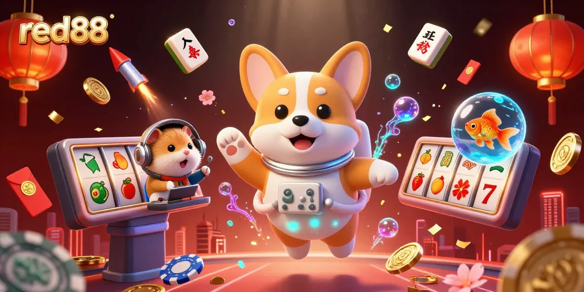 Experience red88's thrilling action in a vibrant space station casino illustration.