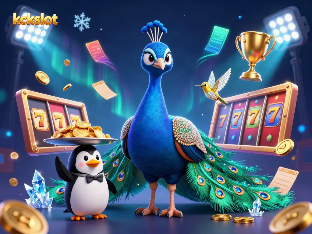Kckslot menghadirkan ilustrasi 3D mewah dengan simbol slot, jackpot, dan karakter kartun menarik.