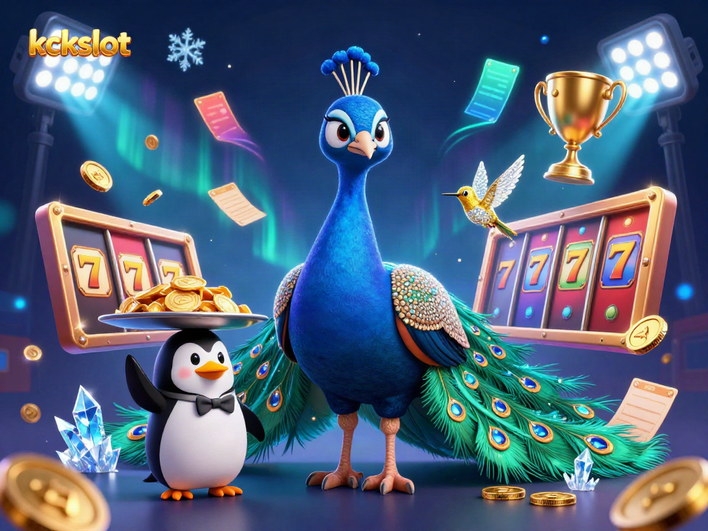 Kckslot menghadirkan ilustrasi 3D mewah dengan simbol slot, jackpot, dan karakter kartun menarik.