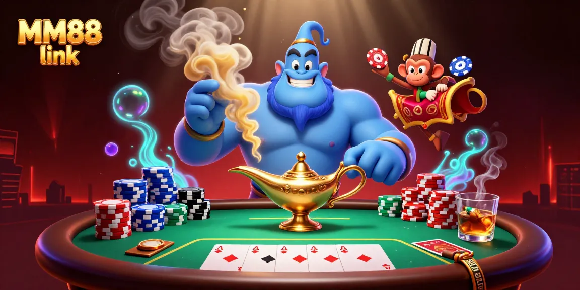 Engage with exciting gaming at MM88 link featuring a blue genie, poker elements, and dazzling effects.