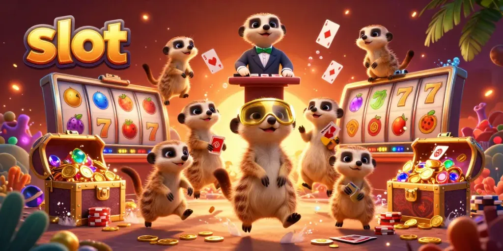 Winning at slots with cartoon meerkats conducting a casino operation, featuring vivid gaming elements.