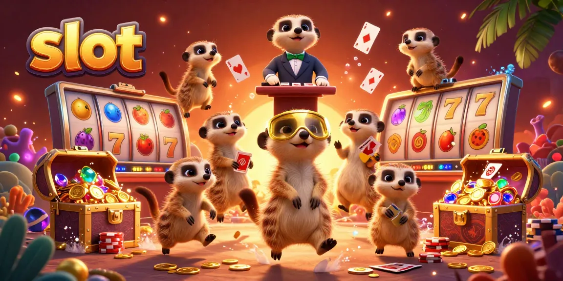 Winning at slots with cartoon meerkats conducting a casino operation, featuring vivid gaming elements.