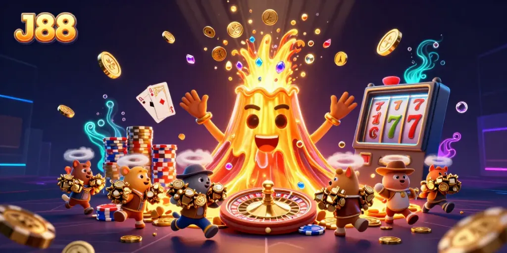 Witness the excitement of J88 gaming with a magnificent erupting volcano showering treasures.