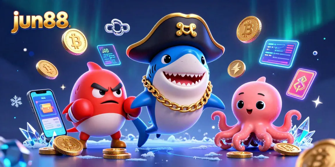 Engage in exciting gameplay at jun88 with a vibrant 3D casino illustration full of lively characters and crypto elements.