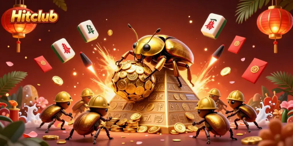 Experience the excitement of Hitclub with a golden beetle scene filled with casino elements.