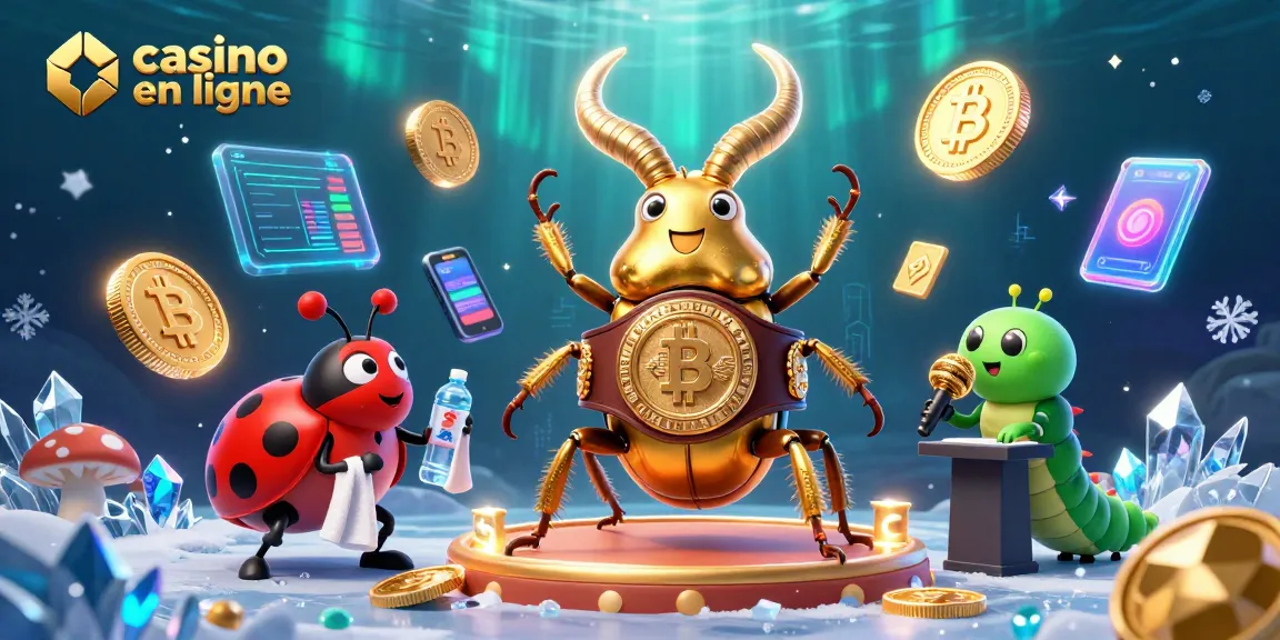 Carton d'un casino en ligne illustrant un scarabée géant et des pièces de crypto-monnaie.