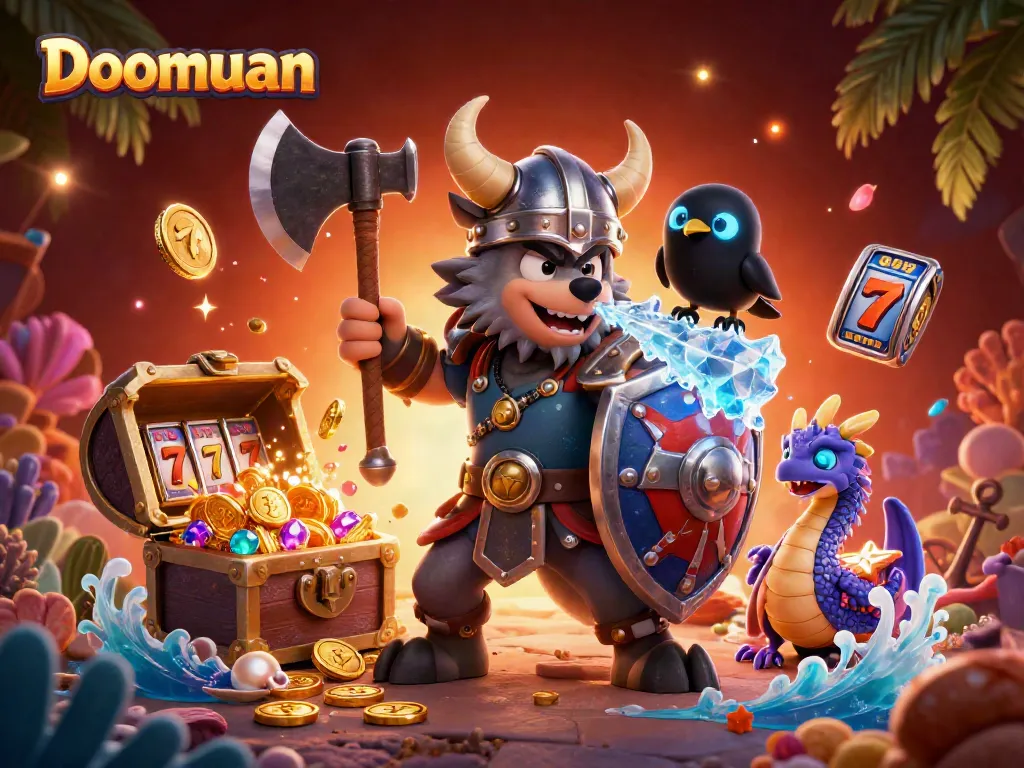 Doomuan offers an engaging gaming scene with a Viking wolf warrior, dragon, and treasure elements for thrilling experiences.