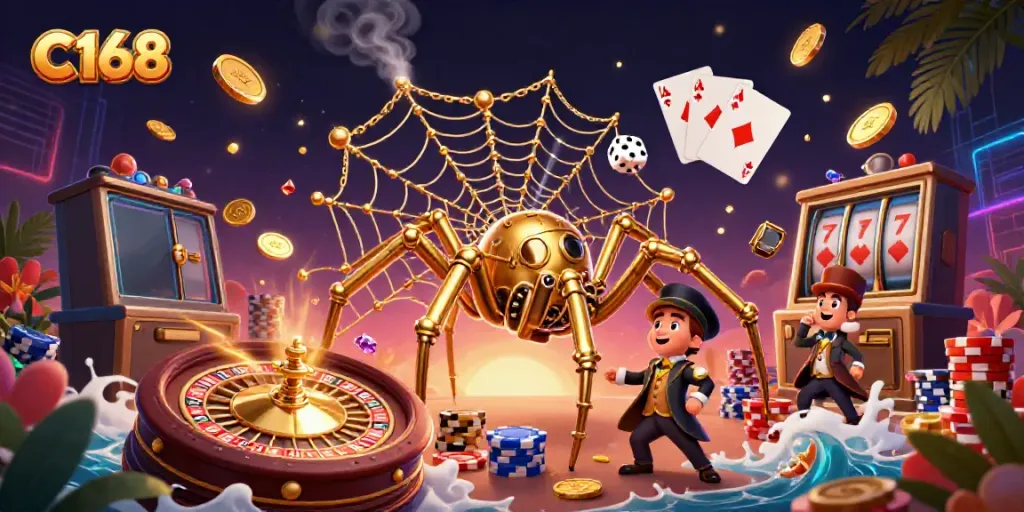 Experience C168's thrilling gaming atmosphere with the steampunk spider catching dice, golden coins, and roulette wheel.