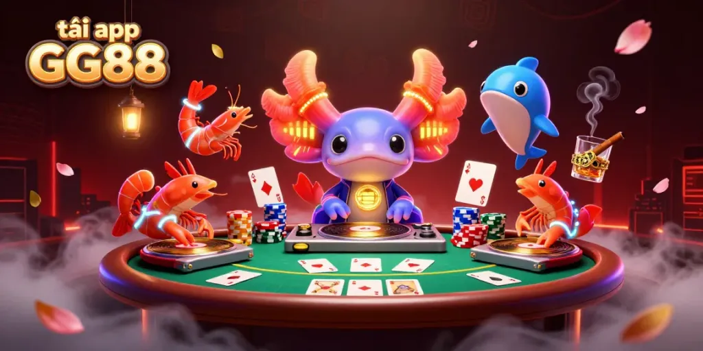 Engage with the vibrant scene to tải app GG88, featuring a neon axolotl DJ surrounded by poker elements and energetic sea creatures.