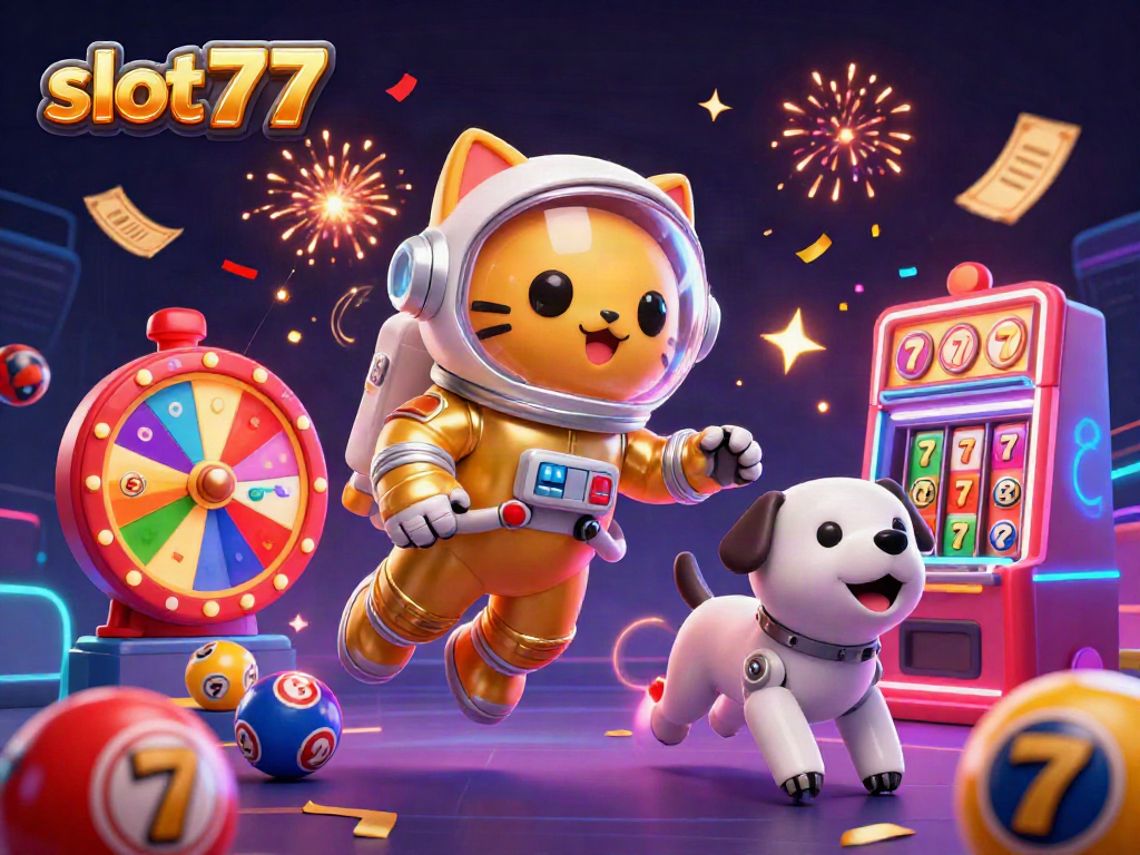 Engage with slot777 in a vibrant casino-themed 3D illustration showcasing lucky symbols and exciting gameplay elements.
