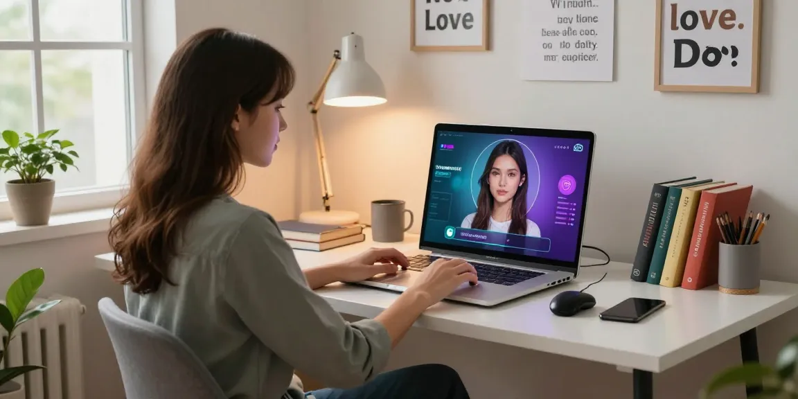 Cozy home office scene with a person chatting with their AI girlfriend on a laptop, showcasing tech and emotional connection.