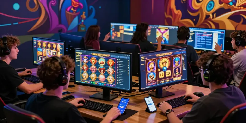 Engaging Luxury333 online gaming atmosphere with diverse players excitedly interacting with slot games on digital platforms.