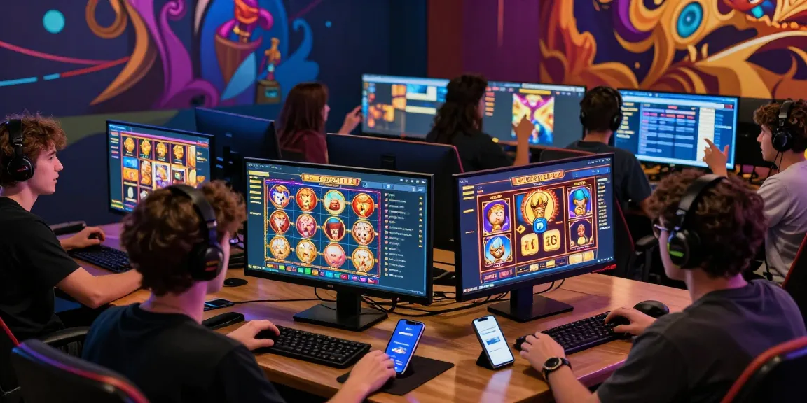 Engaging Luxury333 online gaming atmosphere with diverse players excitedly interacting with slot games on digital platforms.