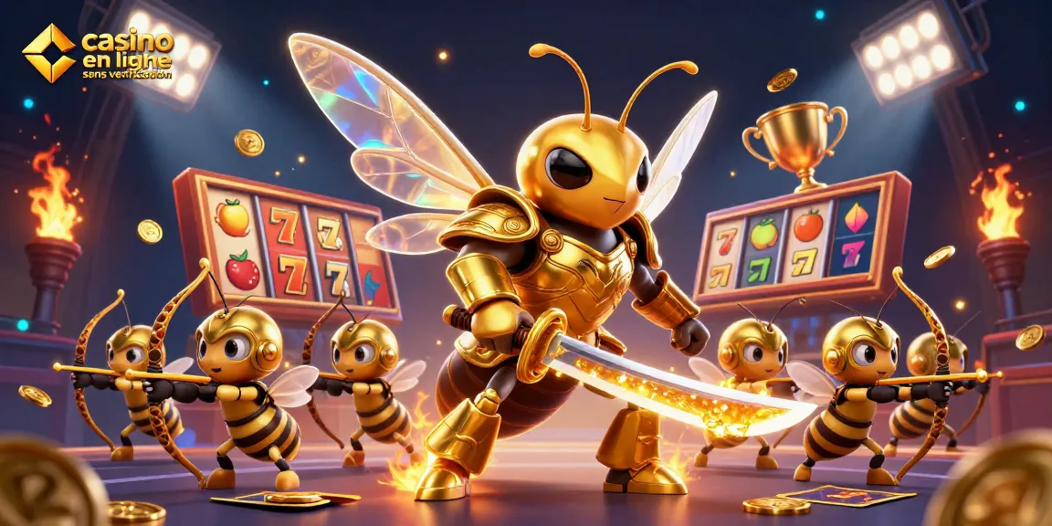 Découvrez casino en ligne sans vérification accompagné d'une hornet géante dorée en armure de samouraï dans un casino dynamique.