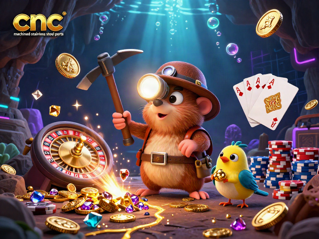 Cascade golden coins and sparkling gems while exploring cnc machined stainless steel parts in this dynamic gambling scene.