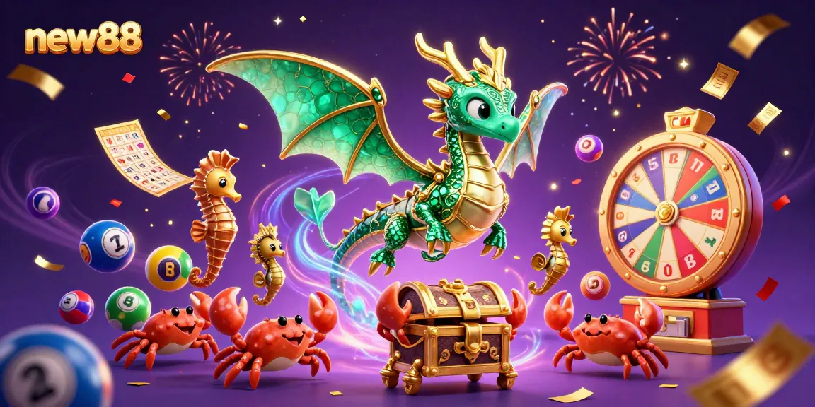 Experience the exciting world of new88 with a vibrant 3D casino scene featuring colorful lottery elements and sea creatures.