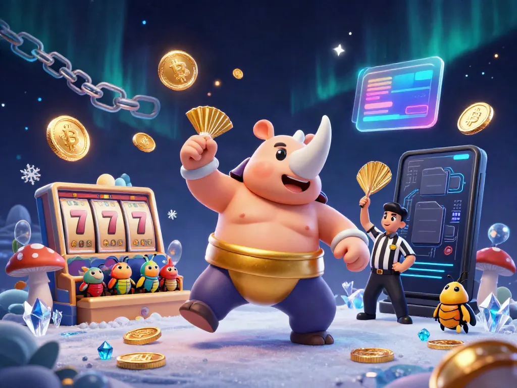 Watch the animated scene of a slot champion beetle and cricket, winning coins fly during a jackpot.