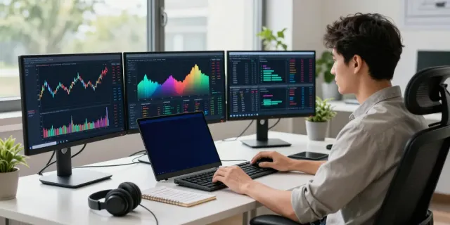 Trader using MetaTrader 5 in a modern workspace with multiple monitors and calm atmosphere.