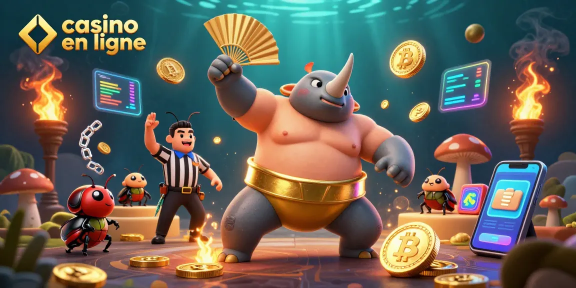 Casino en ligne : un scarabée champion de sumo célébrant des gains entouré de pièces numériques.