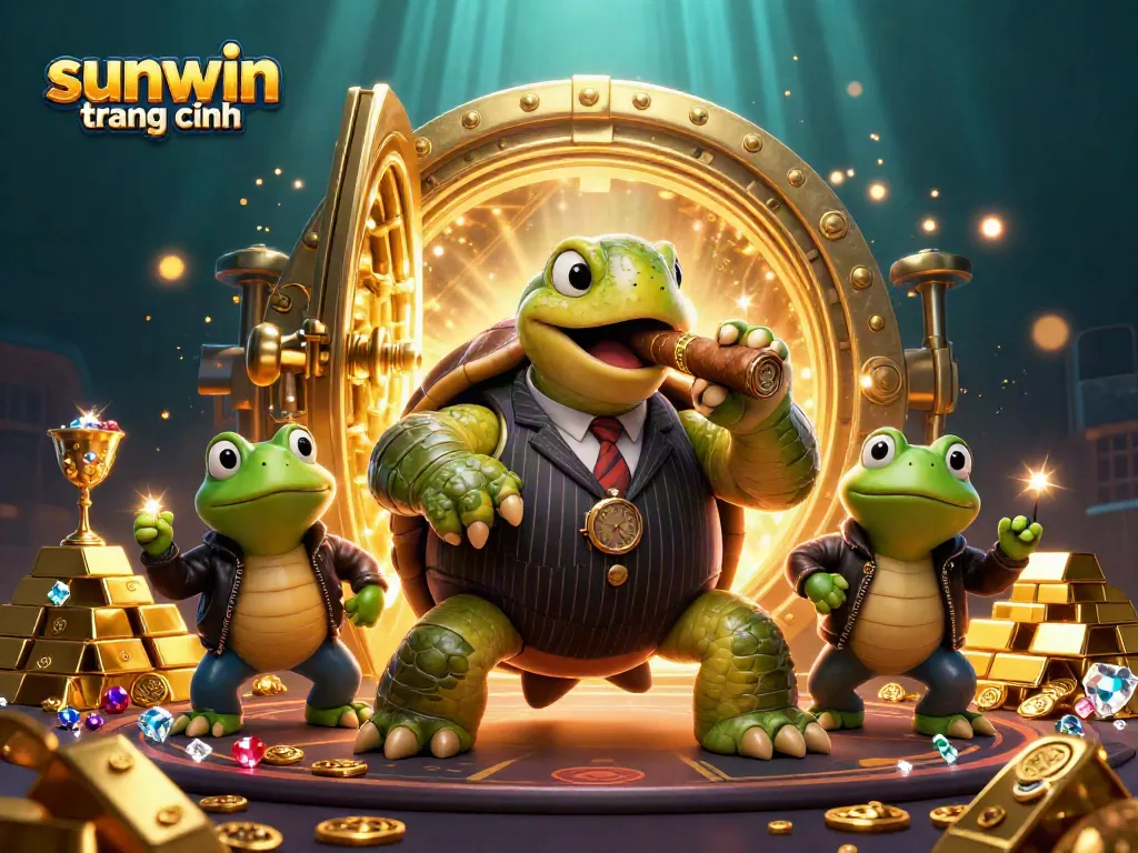 Experience the excitement at sunwin trang chính with a vibrant casino illustration featuring a snapping turtle mobster and frog enforcers.