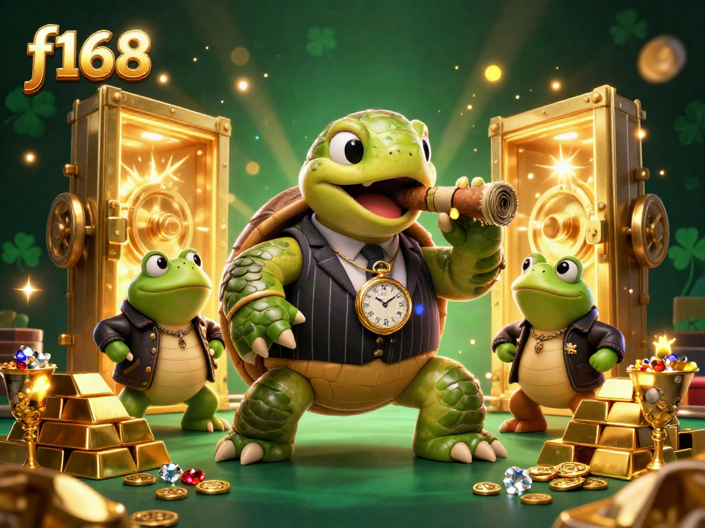 Experience thrilling f168 casino action with a lively snapping turtle mobster and bullfrog enforcers in a dazzling setting.