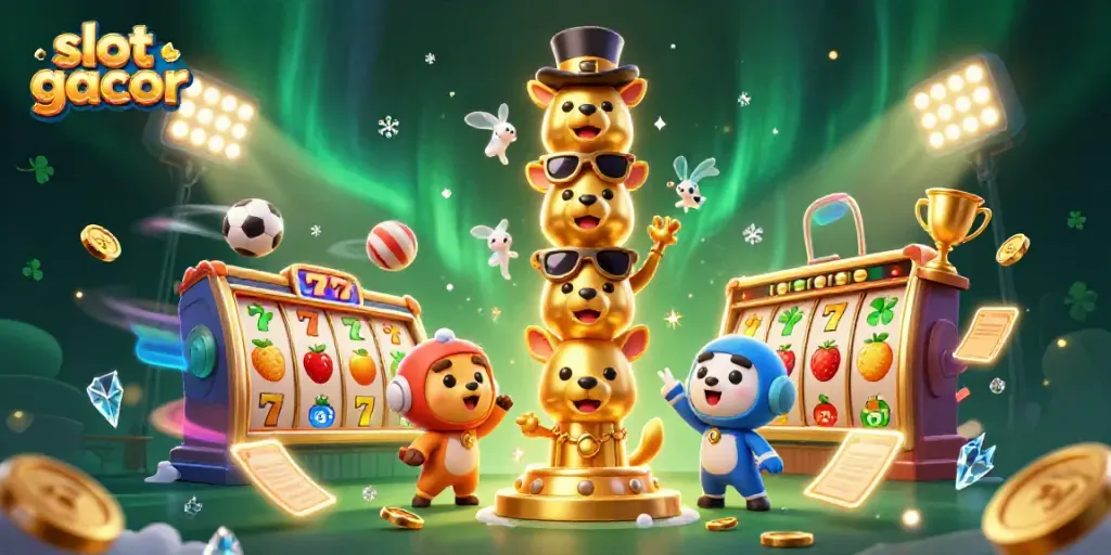 Win big with slot gacor in this vibrant 3D casino illustration, featuring lively characters and game elements.