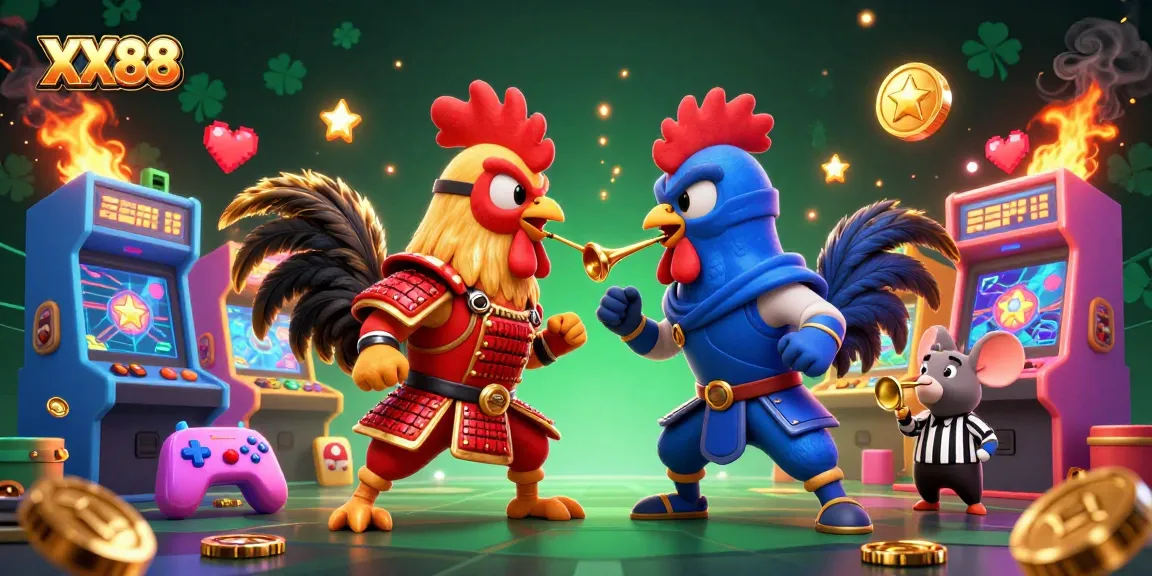 Experience thrilling action at XX88 with fighting roosters and arcade elements showcasing the excitement of gambling.