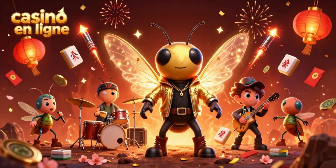 Jouez sur un casino en ligne avec une ambiance festive et dynamique, machines à sous et personnages animés.