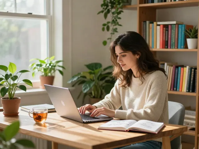 Stylish home office with a young woman working, capturing the essence of creativity and comfort.