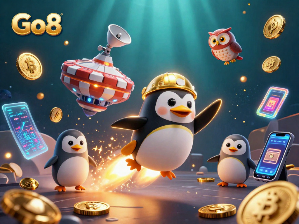 Experience thrilling gaming at Go8 with vibrant visuals of a penguin and casino elements.