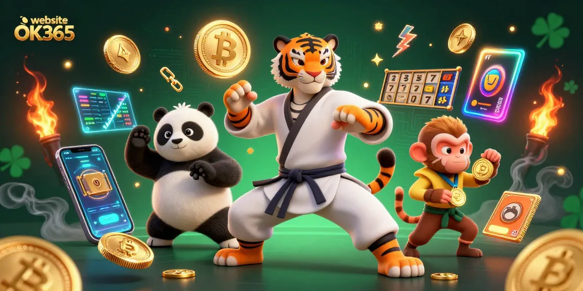 Engage with the vibrant world of website OK365, featuring a cartoon tiger and playful elements of gambling.