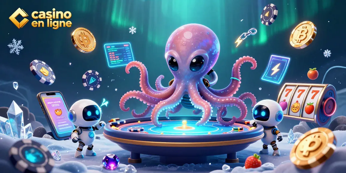 Le casino en ligne présente une scène vibrante avec un octopus extraterrestre énergétique jouant au poker entouré de jetons et de crypto-monnaies.