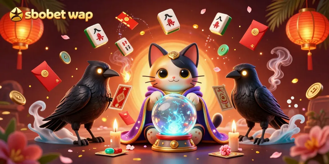 Engage in sbobet wap betting with a vibrant illustration of a mystic cat and a tarot raven.