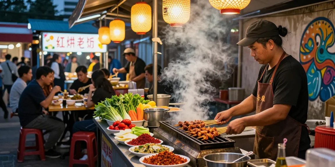 Warung225 menyajikan sate lezat di pasar jalanan yang ramai dengan suasana hangat.