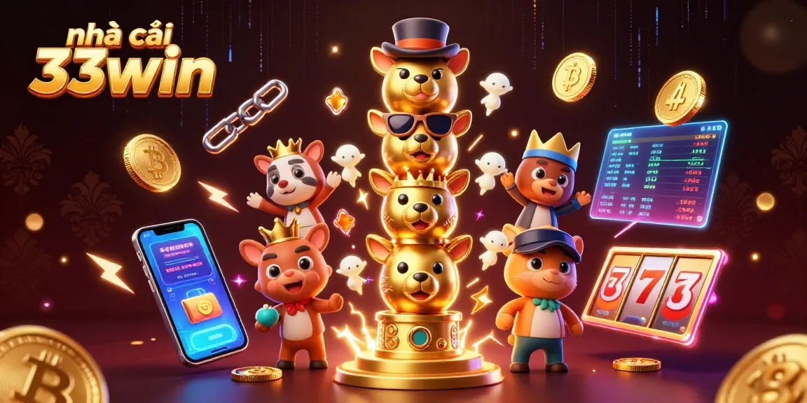 Engage with nhà cái 33win through vibrant 3D casino illustration displaying animated characters and crypto elements.