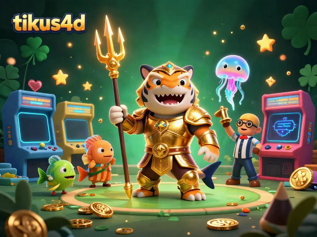 Permainan tiket TIKUS4D dengan ikan hiu kartun ganas dan mesin arcade penuh warna.